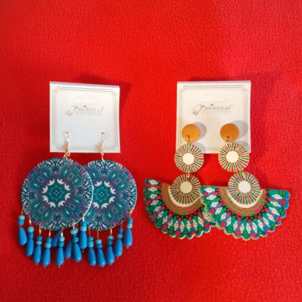 Set of 2. Painted Wooden Earrings